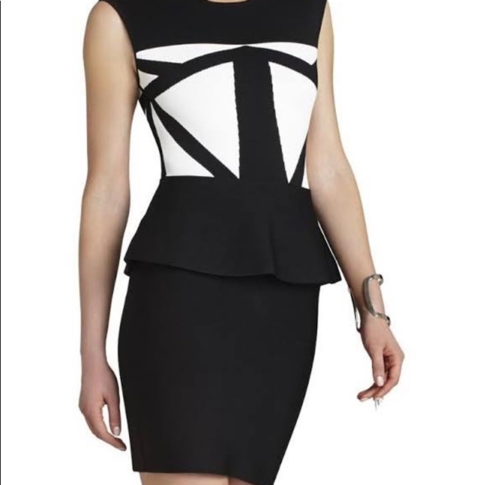 BCBG Max Azria Caprice Geometric Jacquard Peplum Dress Black/White SZ LG
